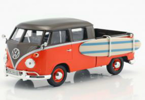 Motormax 1/24 Volkswagen Type 2 (T1) Pickup with Surfboard Orange/Brown image