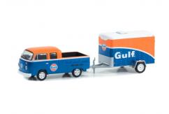 Greenlight 1/64 1975 Volkswagen T2 Type 2 Double Cab Pick Up with Small Cargo Trailer image